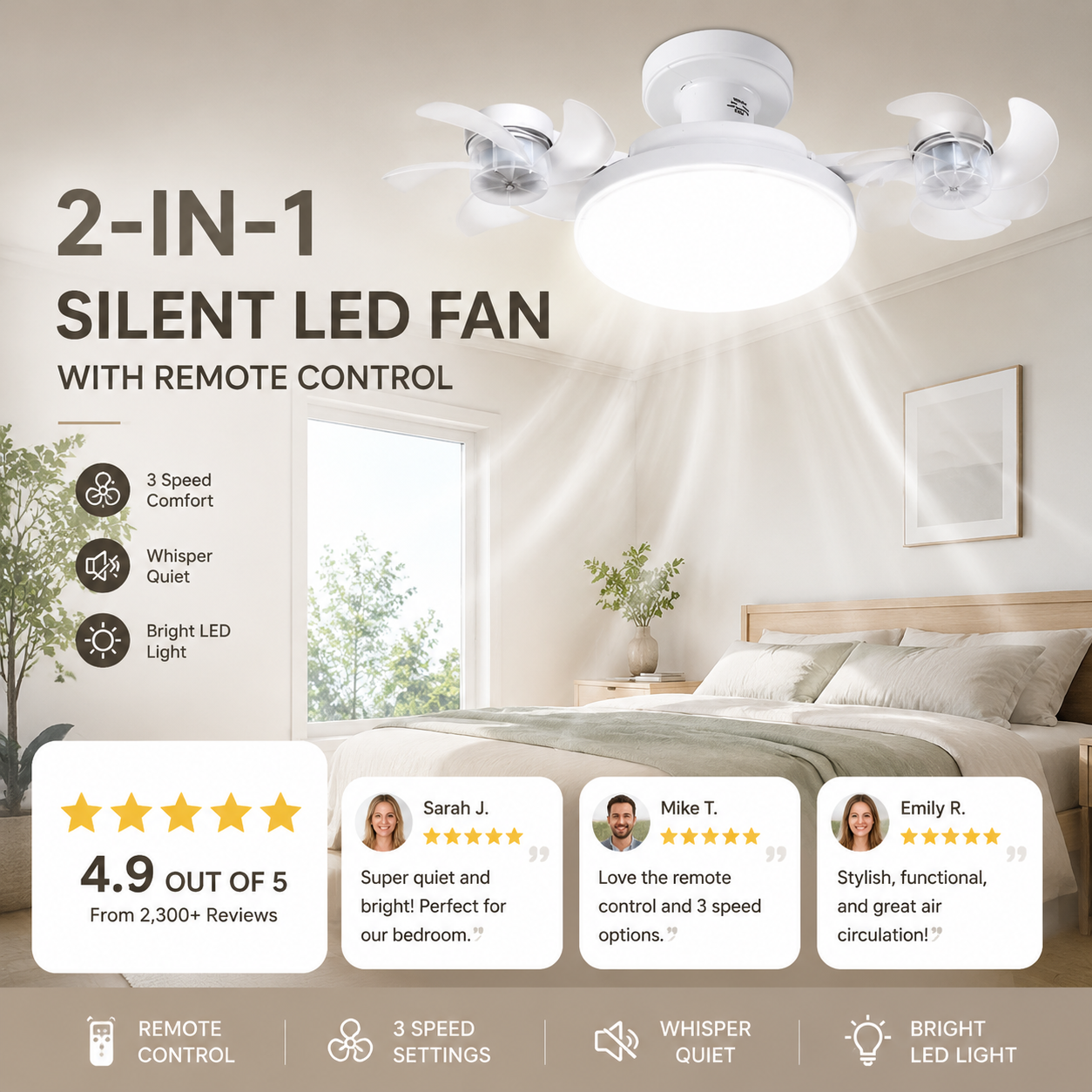 🌀New E27 Socket Ceiling Fan Light – 2‑in‑1 Silent LED Fan with Remote Control, Energy‑Saving Cooling & Lighting Combo for Home Bedroom